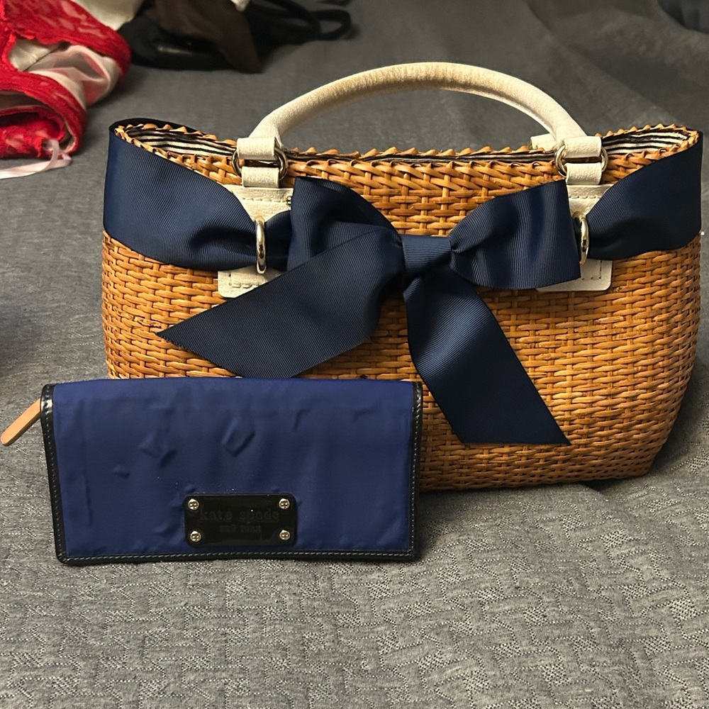 Kate Spade Tan and Navy Woven Satchel